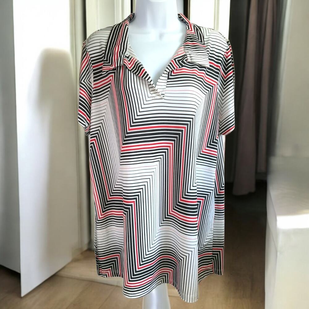 Womens Fashion Bug Vintage Polo Style V Neck Shirt Red Black & White Zig Zag
